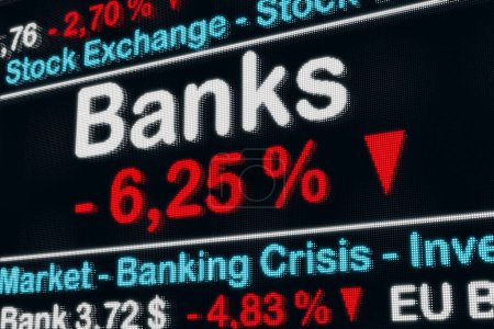 Bankaktien im Sinkflug, Bankenkrise. Schwacher Bankenindex und negatives Prozentzeichen. Zusammenbruch, Verringerung, Absturz, Börsencrash, Rezession und Bankencrash. 3D-Illustration