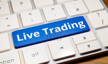 Live Trading - Online Broker. Computertastatur, mit einem Live-Handelsschlüssel in blau. CFD-Trader, Echtzeithandel, Online-Broker, Aktienhandel und Bankkonzept. 3D-Illustration