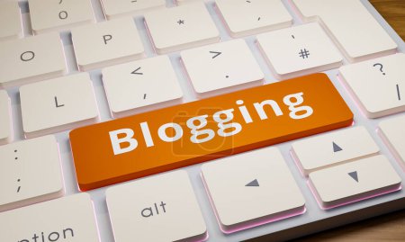 Téléchargez les photos : Blogging - Clavier avec clé de blogging. Clavier d'ordinateur gros plan, une touche est orange. Bloguer, Internet, écrire, en ligne, faire de l'argent et des affaires en ligne. Illustration 3D - en image libre de droit