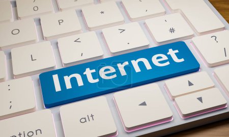Internet. Clavier avec clé internet. Clavier d'ordinateur en gros plan, une touche est bleue. Internet, achats en ligne, blogging, influenceur, affaires en ligne et médias sociaux.