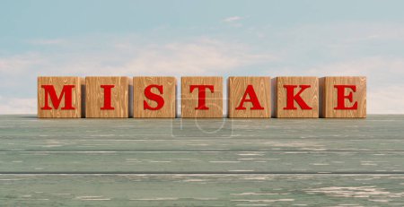 Photo for Mistake - Do something wrong. Dice with letters. Human or technical mistake. Wood dice with red letter on old weathered wooden planks. 3d illustration - Royalty Free Image