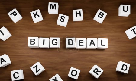 Photo for Big Deal - Business agreement. White dice with dark capital letters on a table. Mergers and aquisitions and business concepts. 3D illustration - Royalty Free Image