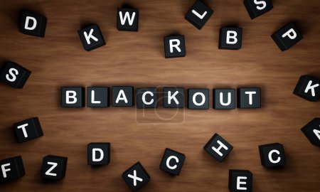 Stromausfall. Schwarze Würfel mit weißen Großbuchstaben auf dem Tisch, angeordnet zum Wort "Blackout". Stromausfall, kein Energie- und Systemausfall.