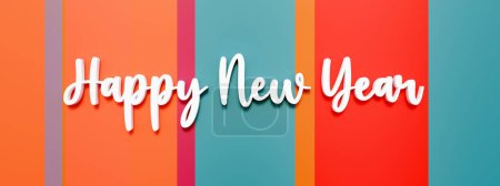 Photo for Happy New Year.  White capital letters against colored striped background. Handwritten New Year's Eve concept. 3D illustration - Royalty Free Image