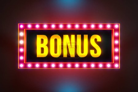 Bonus, extra payment or extra game. Golden letters framed by illuminated light bulbs. Winning, casino, gambling, roulette, bingo, entertainment events or reward and extra cash.