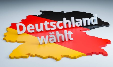 Deutschland wartet (Deutschland wählt). Landkarte von Deutschland mit der Aussage Deutschland whlt und eingefärbt in den Nationalfarben Deutschlands. Politik und Wahlkonzept.