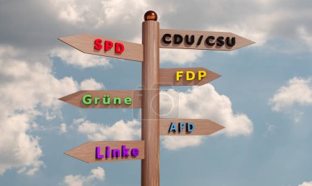 Partidos alemanes en una señal de tráfico. Cartel electoral federal alemán con nombres de partidos alemanes como SPD, CDU, FPD. Ilustración 3D.