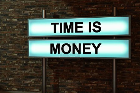 Foto de El tiempo es dinero. Letras negras en una caja de luz delante de una pared de ladrillo rojo. Ganar dinero, inversión, negocios, ahorros, rápido, bolsa y bolsa. Ilustración 3D - Imagen libre de derechos