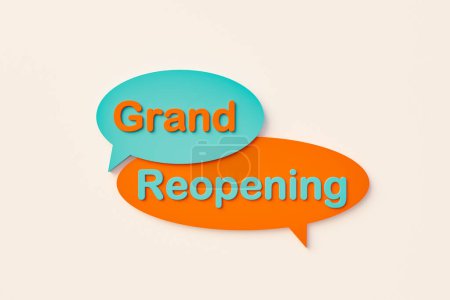 Photo for Grand reopening, online speech bubble. Chat bubble in orange, blue colors. Opening event, information, reopening and announcement concepts. 3D illustration - Royalty Free Image