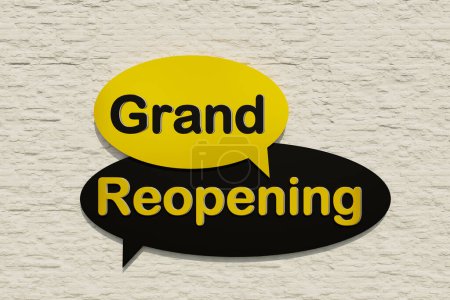 Photo for Grand Reopening - Speech bubble. Cartoon speech bubble in yellow and black. Reopening, business and new beginnings concept. 3D illustration - Royalty Free Image