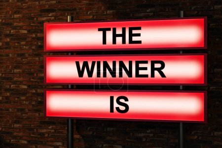 The winner is. Black letters on a light box. Illuminated sign in front of a red brick wall. Competition, achievement, success, trophy, winning, victory, prize, goal line, award ceremony and championship. 3D illustration