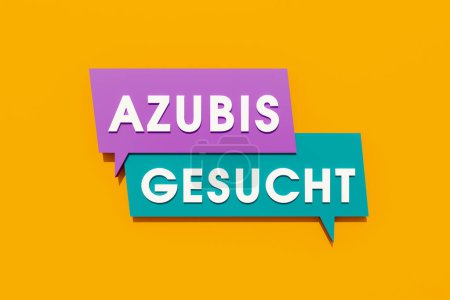 Photo for Azubis gesucht. Colored banner, sign. Colored speech bubble in orange, purple and blue. Text in white letters. Hiring, apprentices, applying, job opportunity, trainee, employment and labour. 3D illustration - Royalty Free Image