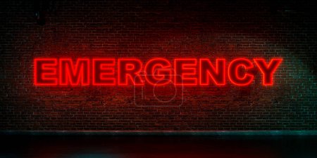 Emergencia. Texto en letras rojas, iluminadas. Muro de ladrillo al fondo. Primeros cuidados, ayuda, hospital, primeros auxilios, tratamiento.