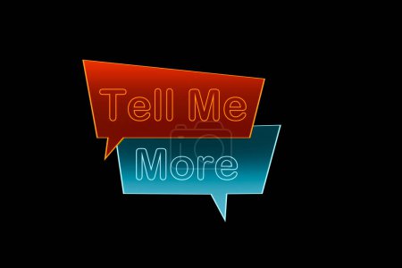 Foto de Cuéntame más. Brillante pancarta con el texto "Dime más" en naranja y azul. conversación, retroalimentación, comunicación, evidencia, educación, asesoramiento, solicitud. - Imagen libre de derechos