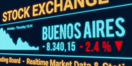 Foto de Buenos Aires, el mercado de valores bajando. Datos negativos de la bolsa, cayendo gráfico en la pantalla. Signo de porcentaje rojo, pérdida e inversión. Ilustración 3D - Imagen libre de derechos