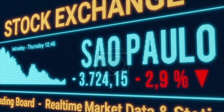 Foto de Sao Paulo, el mercado de valores bajando. Datos negativos de la bolsa, cayendo gráfico en la pantalla. Signo de porcentaje rojo, pérdida e inversión. Ilustración 3D - Imagen libre de derechos