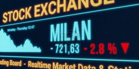 Foto de Milan, el mercado de valores bajando. Datos negativos de la bolsa, cayendo gráfico en la pantalla. Signo de porcentaje rojo, pérdida e inversión. Ilustración 3D - Imagen libre de derechos