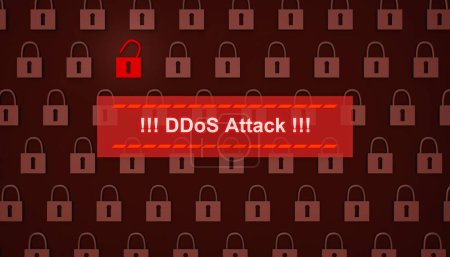 Ataque DDoS, señal de advertencia en pantalla. Delito cibernético, piratería informática, amenaza, seguridad de la red, virus informático. 