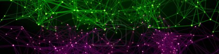 Foto de Red de polígonos en verde y morado. Plexo abstracto, ciencia, conexiones, cable, sistema y digital, geometría. - Imagen libre de derechos