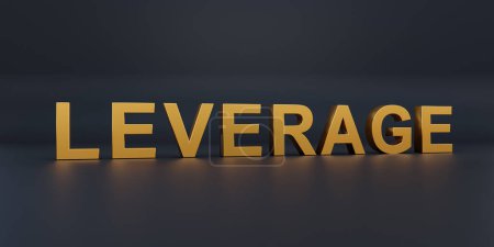 Leverage. Text in gold metallic capital letters. Business finance and industry, investing, stock market and exchange, debt financing, venture capital.  3D illustration