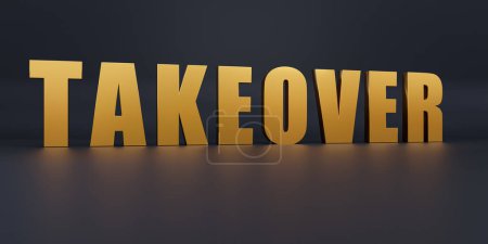 Takeover. Text in gold metallic capital letters, buying shares in a company to control it. Business finance and industry, investment, merger, acquisition, venture capital. 3D illustration