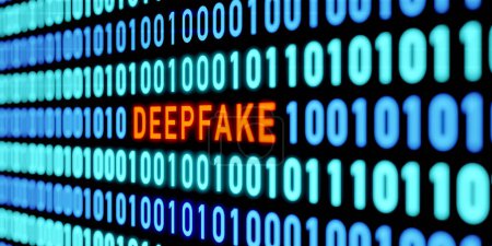 Deepfake message. Binary code, zero and one, deepfake in the system. Warning sign on screen. System message, cyber crime, hacking, threat, network security, computer virus.