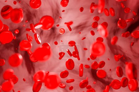 Blutkörperchen fließen durch die Vene. Hämoglobin, Blutkörperchen, Blutkreislauf, Arterie, Blutplasma. 3D-Illustration