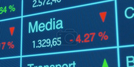 Media sector stock  index. Stock market data, media stocks price information, percentage changes, blue screen. Stock exchange, business, trading board. 3D illustration