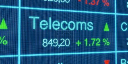 Telecoms sector stock index. Stock market data, telecommunication stocks price information, percentage changes, blue screen. Stock exchange, business, trading board. 3D illustration