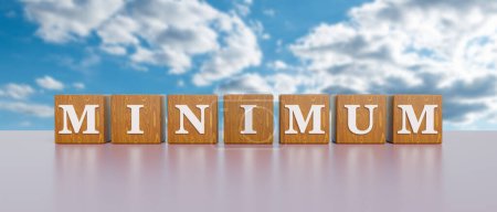 Minimum. Wooden dices with white capital letters and the word, minimum. Quantity, smallest, bottom, low. 3D illustration