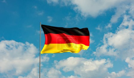 Flagge Deutschland gegen bewölkten Himmel. Land, Nation, Gewerkschaft, Banner, Regierung, deutsche Kultur, Politik. 3D-Illustration