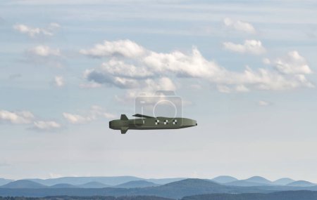 Taurus Cruise Missile on the sky. Plain low poly model, symbol image. Ground-to-air missile, military equipment, autonomous flight, low altitude flight. 3D concept