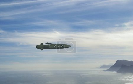 Missile de croisière Taureau sur le ciel. Modèle uni low poly, image symbole. Missile sol-air, équipement militaire, vol autonome, vol à basse altitude. Concept 3D