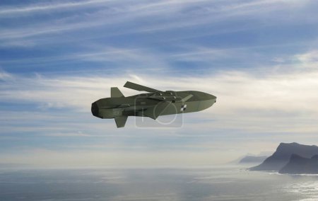 Missile de croisière Taureau sur le ciel. Modèle uni low poly, image symbole. Missile sol-air, équipement militaire, vol autonome, vol à basse altitude. Concept 3D