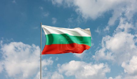 Flag Bulgaria against cloudy sky. Country, nation, union, banner, government, Bulgarian culture, politics. 3D illustration