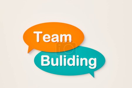 Team Building, burbuja de chat en naranja, colores azules. Juntos, amistad, estrategia; negocios, sociedad, trabajo en equipo. Ilustración 3D