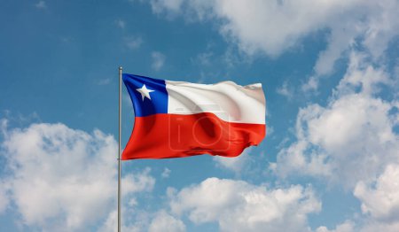 Flag Chile against cloudy sky. Country, nation, union, banner, government, Chilean culture, politics. 3D illustration