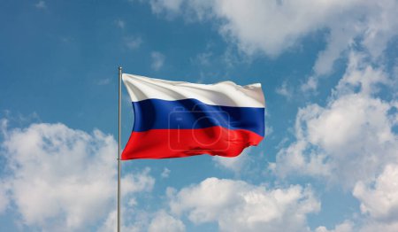 Flag Russia against cloudy sky. Country, nation, union, banner, government, Russian culture, politics. 3D illustration