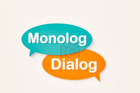 Monolg or Dialog, chat bubble in orange, blue colors. Lecture, discourse, speech, discussion, conversation, chat, communication, forum. 3D illustration
