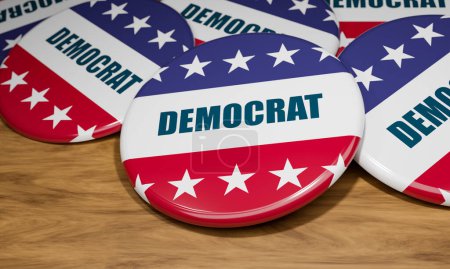 Abzeichen der Demokraten in Großaufnahme mit der Nationalflagge der Vereinigten Staaten und dem Wort "Demokrat" in Großbuchstaben. US-Wahlkampf-Knopf auf einem Holztisch. Politik und Regierung, demokratische Partei, Wahlkonzept. 3D-Illustration.