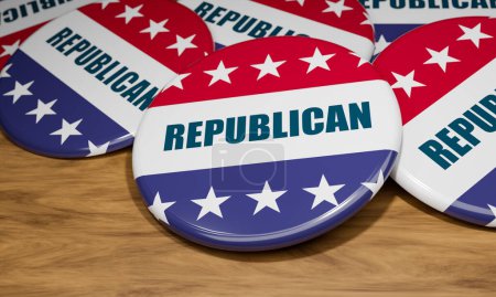 Großaufnahme republikanischer Abzeichen mit der Nationalflagge der Vereinigten Staaten und dem Wort "Republikaner" in Großbuchstaben. US-Wahlkampf-Knopf auf einem Holztisch. Politik und Regierung, republikanische Partei, Wahlkonzept. 3D-Illustration.