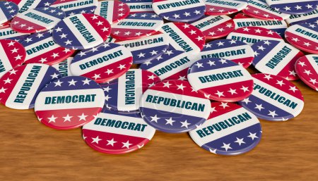 Wahlplakate von Demokraten und Republikanern in Großaufnahme mit der Nationalflagge der Vereinigten Staaten. US-Wahlkampf, Präsidentschaftswahl, Regierung, Politik. 3D-Illustration