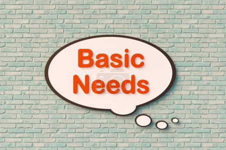 Basic needs. Speech bubble, orange letters against the brickwall. Expectations, requirements, skills, demands, conditions. 3D illustration