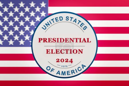 US presidential election banner 2024, US flag in the background. Text in red and dark blue. United States election concept, politcs, government, republicans and democrats.
