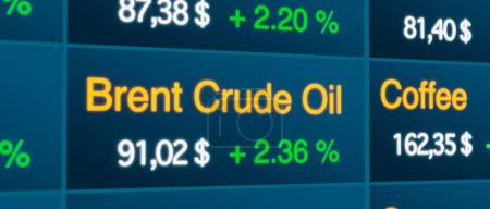 Brent Crude Oil price moving up, commodity trading screen. Business, information, stock market and exchange, data, percentage signs, oil and gas industry, investment.