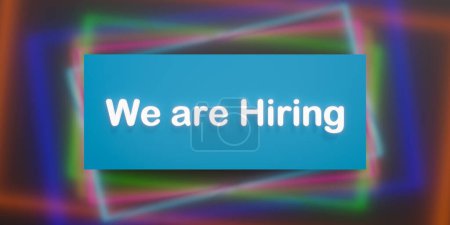 We are hiring. Blue banner, information sign, colored background. Recruitment, job interview, opportunity, applying, human resources.