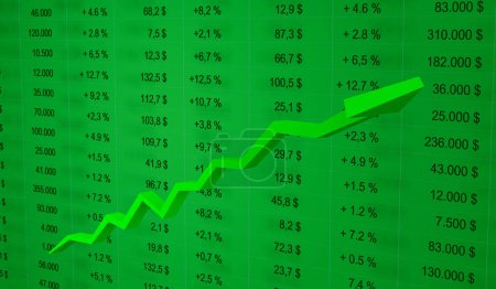 Foto de Ingresos crecientes, negocios fuertes, hoja de cálculo verde con flecha ascendente. Análisis de datos, crecimiento de ventas, progreso, rendimiento positivo, comercio, expansión. Ilustración 3D - Imagen libre de derechos