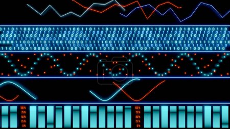 Interface avec code binaire, courbes, lignes, oscillateurs et graphiques à barres, colorés en orange et bleu. Science, analyse, algorithme, affichage, système d'exploitation, panneau.