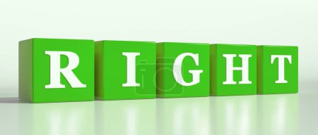 Right, single word. Green dices with white letters and the text, right.  3D illustration