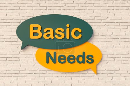 Basic needs. Cartoon speech bubble in yellow and dark green, brick wall. Minimum, requirement, support, skills, demands. 3D illustration